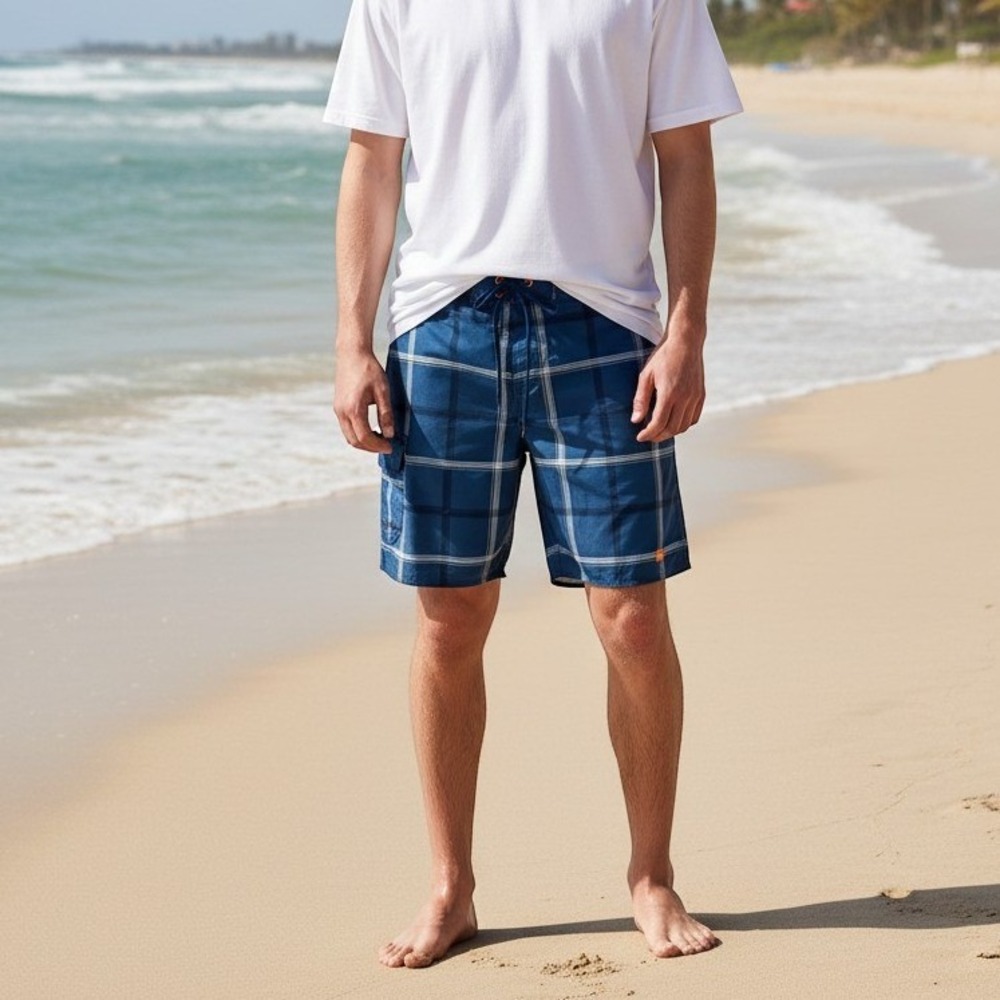 Quiksilver Plaid Cargo Shorts Men 34 Blue White Stretch Beach Swim Summer Sporty